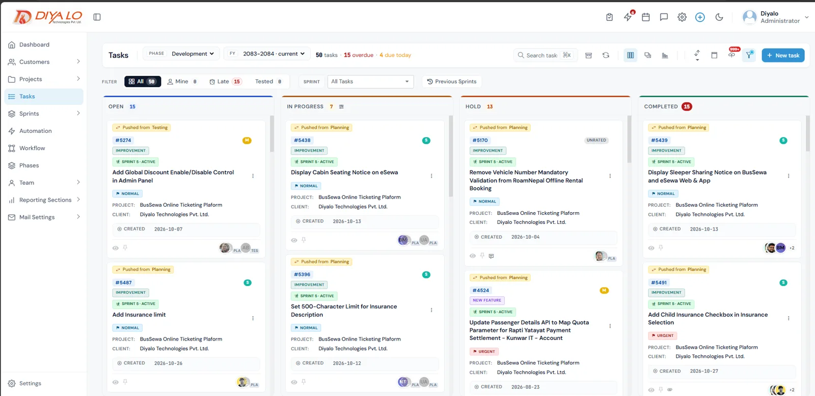 The task management system I lead, showing its Kanban board